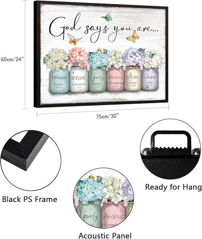 Inspirational Bible Verse Wall Art: God Says You Are Wall Decor Framed Christian Painting 24" x 30",Hydrangea Flower in Mason Jar Prints Hanging Posters Religious Bedroom Decor for Women Girls