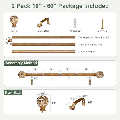 QDWIS 2 Pack Wood Curtain Rods for Windows 28 to 48 Inch,1'' Diameter Drapery Rods with Imitation Wood Grain Leaf Pattern Finials,Boho Adjustable Heavy Duty Curtain Rods Set,18-60'',Color:Natural Wood