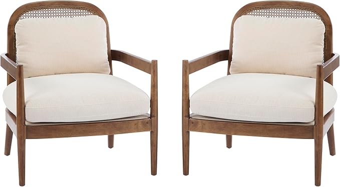 Christopher Knight Home Nadine Wooden Club Chairs Set of 2, Club Chair, Rattan Open Back Armchair, Accent Reading Sofa Chair with Cushions, Accent Chairs Set for Living Room Bedroom, Beige Stripe