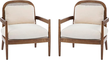 Christopher Knight Home Nadine Wooden Club Chairs Set of 2, Club Chair, Rattan Open Back Armchair, Accent Reading Sofa Chair with Cushions, Accent Chairs Set for Living Room Bedroom, Beige Stripe