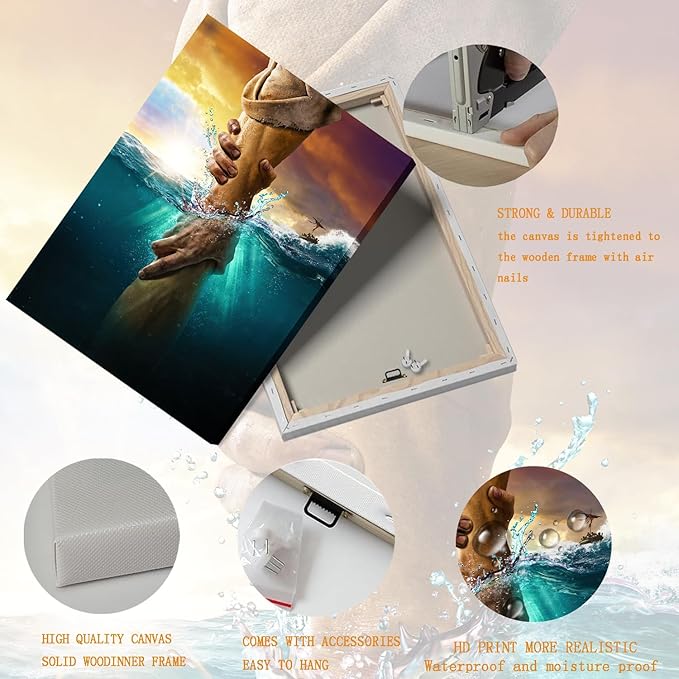 Jesus Christ Canvas Wall Art The Hand of God Jesus Reaching Into Water Christian Painting Prints Biblical Wall Decor Religious Room Decor for Church Living Prayer Bedroom Room Hospitals 16x24In canvas
