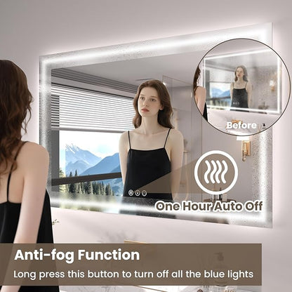 Snowdool 48"X40" LED Bathroom Mirror with Front Lights and Backlit, Anti-Fog, Dimmable, Shatter-Proof Tempered Glass, Lighted Bathroom Vanity Mirror for Wall with 3 Colors, Memory Function
