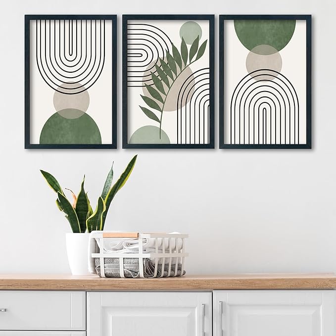 SRSZHIYUE Green Sage Boho Wall Art 16"×11" Set of 3 Abstract Framed Prints Modern Farmhouse Minimalist Geometric Line Leaf Bathroom Sign for Family Living Room Pictures Office Wall Hang Decor (Black)