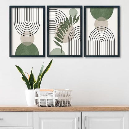 SRSZHIYUE Sage Green Boho Wall Art 24"×16" Set of 3 Geometric Line Leaf Sun Moon Sign for Master Bedroom Office Wall Hanging Decor (Black)