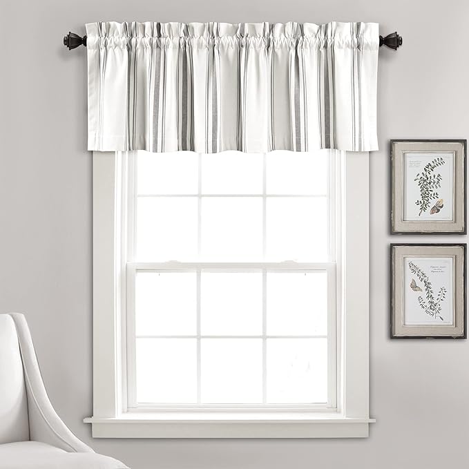 Lush Decor Farmhouse Stripe Yarn Dyed Recycled Cotton Window Curtain Valance, 18" L x 52" W, Gray - Classic Modern Rustic Charm - Eco Friendly Cotton Fabric