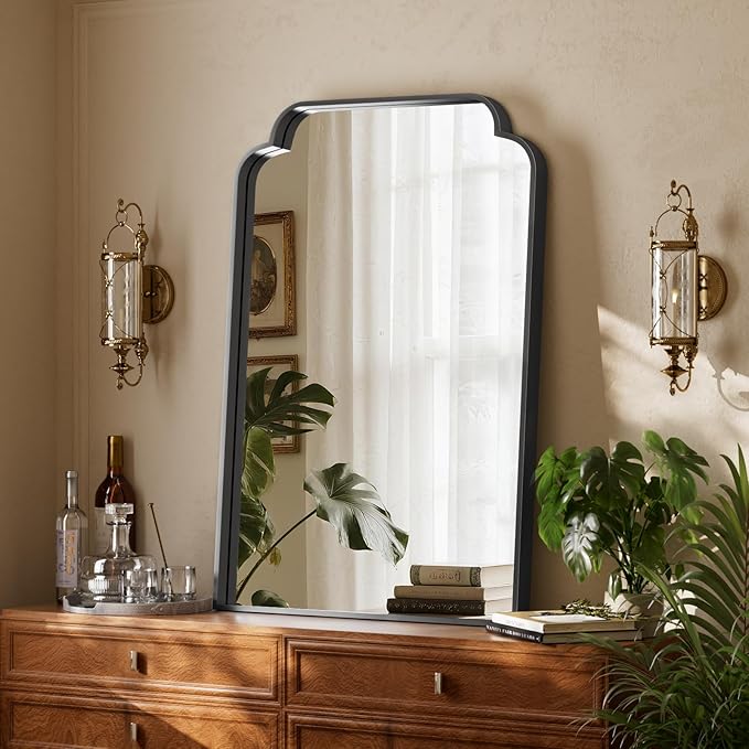 GLSLAND 20"x30" Petal Arch Bathroom Mirror – Modern Metal Frame Vanity Mirror with Scalloped Edge for Over Sink, Bedroom, Living Room, Entryway, Non-Rusting Decorative Wall Mirror, Black