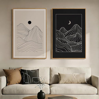 Large Framed Black and Beige Neutral Abstract Wall Art for Living Room, Set of 2 Modern Canvas Prints Paintings Artwork for Walls, Mountain and Moon Pictures for Bedroom Hallway Wall Decor 24x36 In