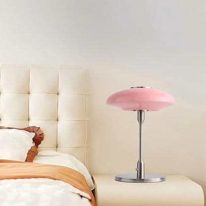 LIGHTLAND Nordic Medieval Table Lamp, Vintage Metal Glass Bedside Lamp with Toggle Switch and 3 Color Light Bulbs, Decorative Table Lamp for Study Bedroom Living Room (Pink+Chrome, 12.6 * 16.5 Inch)