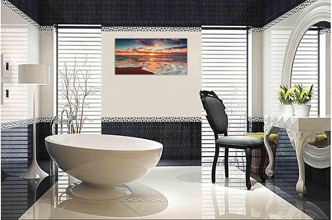 TutuBeer 1 Panel Picture of the Beach Ocean Pictures Blue Sea Beach at Sunrise Art Print on Canvas Sea Wall Decor Ocean Wall Art Seascape Canvas Stretched and Framed 20" x 40"