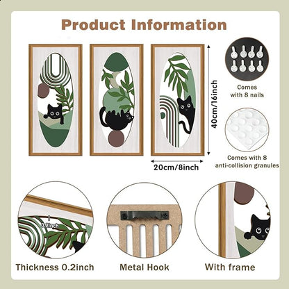Celestdeco Boho Black Cat Wall Decor,Green Boho Wall Art,Mid Century Modern Decor Kitty,Abstract Geometric Line Artwork Cats,Green Plants Bohemian Botanical Cat Wood Art for Home Bedroom Living Room