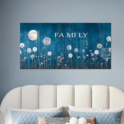 BQVCT Blue Dandelion and Moon Wall Art 24x48 Inch Large Gallery Wrapped Canvas Print Floral Botanical Decor on Rustic Wood Texture Ready to Hang for Living Room Bedroom