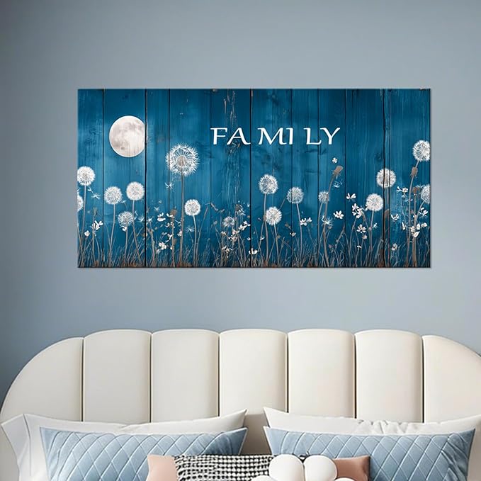 BQVCT Blue Dandelion and Moon Wall Art 30x58 Inch Large Gallery Wrapped Canvas Print Floral Botanical Decor on Rustic Wood Texture Ready to Hang for Living Room Bedroom
