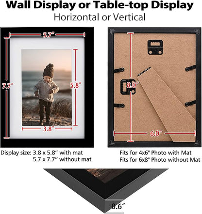 KINLINK 6x8 Picture Frame Black Set of 6, Wooden Photo Frames Matted 4x6 with Plexiglass for 4x6 with Mat or 6x8 without Mat for Table and Wall Display