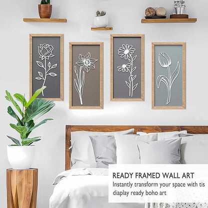 3D Wooden Floral Framed Wall Decor of 4, 7"X16" Farmhouse Vintage Boho Minimalist Flower Wall Art for Living Room, Rustic Retro Moody Vertical Tulip Rose Daisy Daffodil Botanical Wall Sculptures