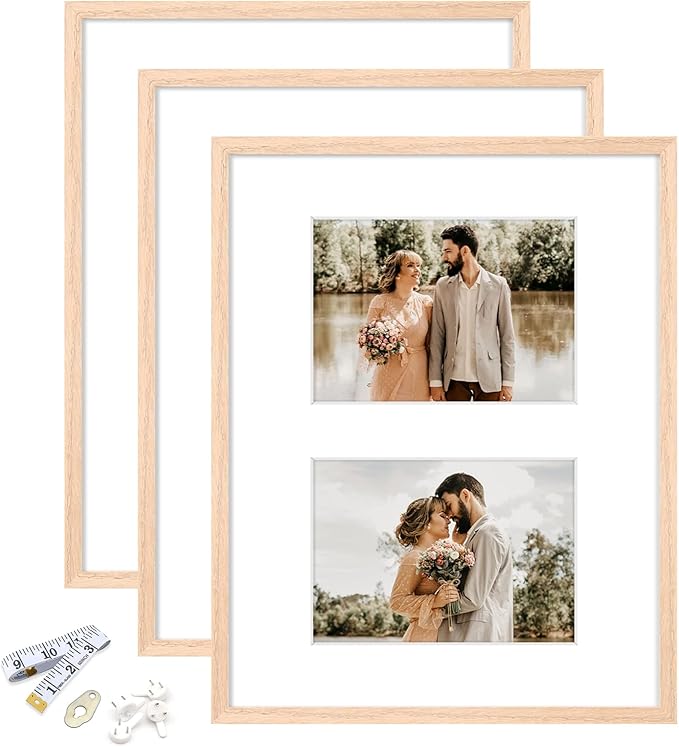 11x14 Picture Frame, OAK Wood Photo Frame 8x10 with Mat or 5x7 with 2 Mat with Perspex Glass for Vertical or Horizontal Tabletop Wall Display for Photo, Painting, Poster, Set of 3