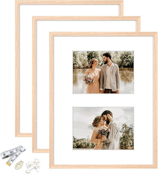 11x14 Picture Frame, OAK Wood Photo Frame 8x10 with Mat or 5x7 with 2 Mat with Perspex Glass for Vertical or Horizontal Tabletop Wall Display for Photo, Painting, Poster, Set of 3