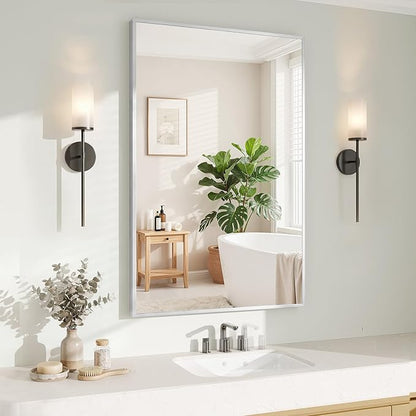 Koonmi Silver Rectangle Wall Mirror, 24x32 Inch Bathroom Mirror, Aluminum Frame Vanity Mirror for Entryway, Living Room, Bedroom Bathroom, Hangs Horizontally or Vertically