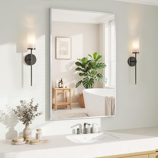 Koonmi Silver Rectangle Wall Mirror, 24x36 Inch Bathroom Mirror, Aluminum Frame Vanity Mirror for Entryway, Living Room, Bedroom Bathroom, Hangs Horizontally or Vertically