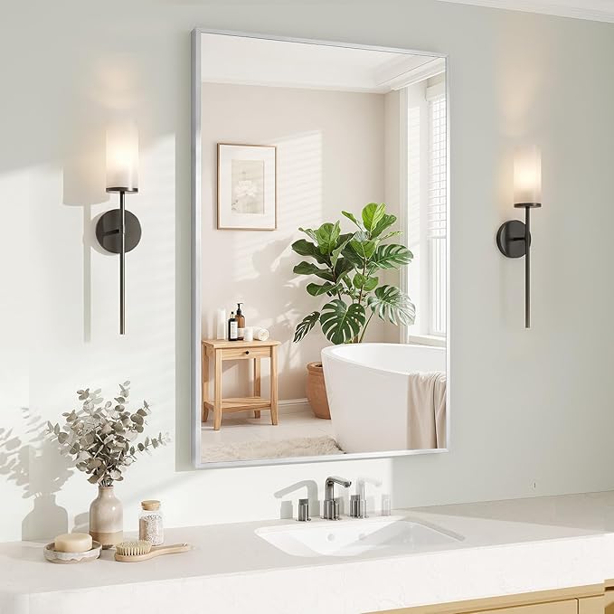 Koonmi Silver Rectangle Wall Mirror, 20x30 Inch Bathroom Mirror, Aluminum Frame Vanity Mirror for Entryway, Living Room, Bedroom Bathroom, Hangs Horizontally or Vertically