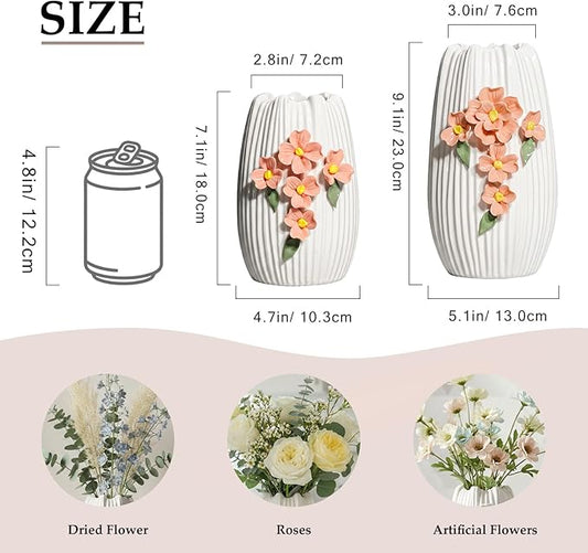 Small White Vase - 7 Inch Ceramic Modern Vase for Pampas Grass, 3D Sculpted Minimalist Flower Vases Home Decor, Living Room, Office Desk, Table, Centerpiece Decor
