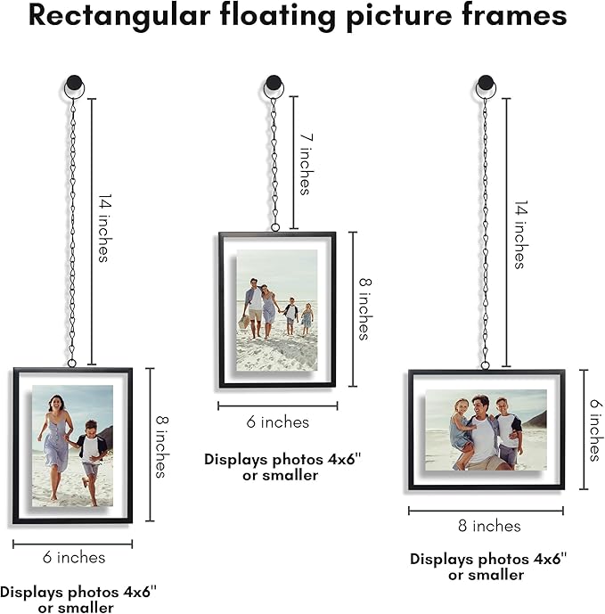 Americanflat Metal Floating Frame with Chain - Set of 3 - Use as 4x6 Picture Frame - Pressed Flower Display for Wall Decor - Elegant Black Molding with Shatter-Resistant Glass