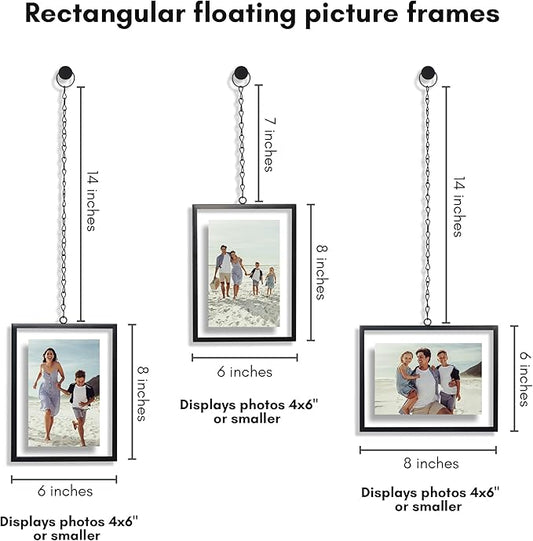Americanflat Metal Floating Frame with Chain - Set of 3 - Use as 4x6 Picture Frame - Pressed Flower Display for Wall Decor - Elegant Black Molding with Shatter-Resistant Glass