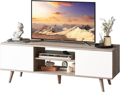 WLIVE Mid-Century Modern TV Stand for 55/60 Inch TV, Entertainment Center with Storage & Adjustable Shelves, Media Console with Soft-Close Cabinets for Living Room/Bedroom, Greige White