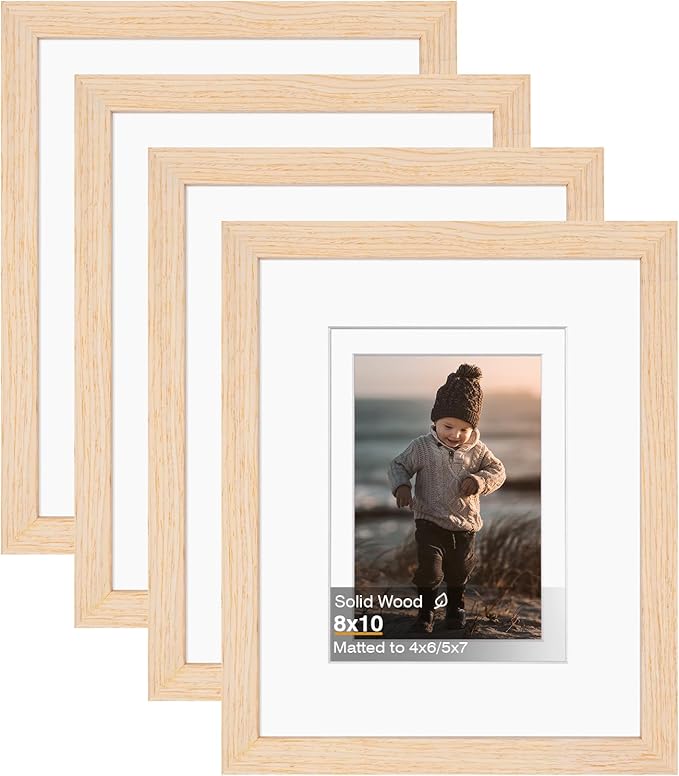 KINLINK 8x10 Picture Frame White Oak, Solid Light Wood Frames with Acrylic Plexiglass for Pictures 4x6/5x7 with Mat or 8x10 without Mat, Tabletop and Wall Display, Set of 4