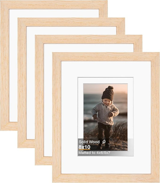 KINLINK 8x10 Picture Frame White Oak, Solid Light Wood Frames with Acrylic Plexiglass for Pictures 4x6/5x7 with Mat or 8x10 without Mat, Tabletop and Wall Display, Set of 4