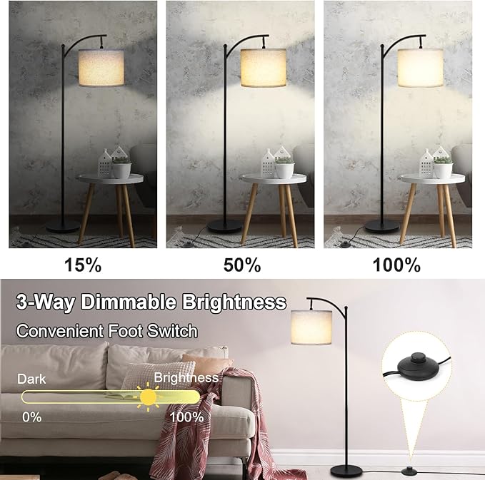 LALISU Modern Floor Lamp, 3-Ways Dimmable Standing Lamp with Linen Shade, Adjustable Height, Foot-Step Switch, Reading Lamp for Living Room, Bedroom, Office, 9W Bulb Included (Black)