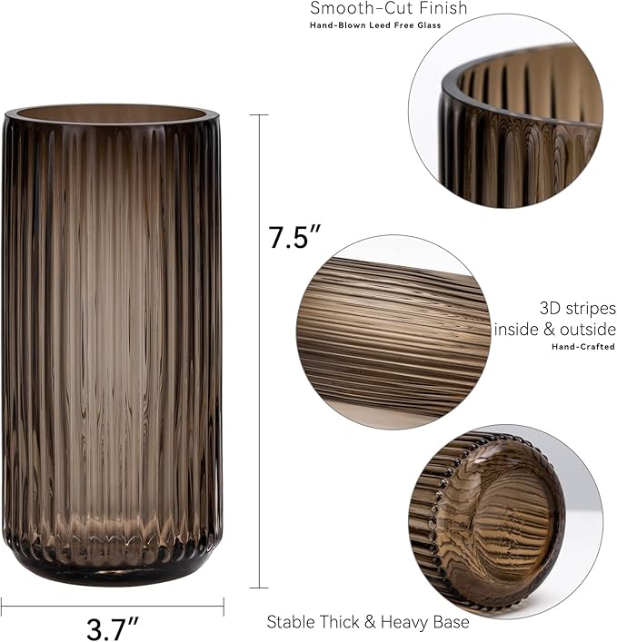TIMEFOTO Flower Vase 7.5 inch Amber Thickened Hand Blow Glass Vase Round Vintage Striped Bottles for Bookshelf,Dinner Table,Indoor Office Desktop,Meeting Room,Bathroom,Countertop,Home