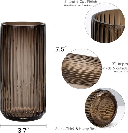 TIMEFOTO Flower Vase 7.5 inch Amber Thickened Hand Blow Glass Vase Round Vintage Striped Bottles for Bookshelf,Dinner Table,Indoor Office Desktop,Meeting Room,Bathroom,Countertop,Home