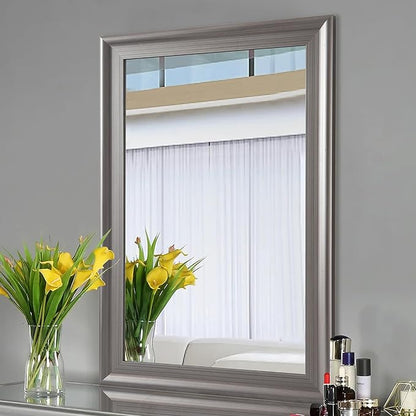 Tanmicoshomy Bathroom Mirrors for Wall 24x36 Inch, Rectangle Mirror with Brushed Silver Grey Wooden Frame for Bathroom Bedroom or Entryway
