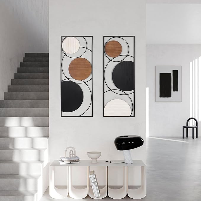 Oakrain 2 PCS Metal Wall Art for Home Decor, Large Abstract Wall Décor with Frame, Modern Minimalist Black and White Wall Sculpture for Living Room, Dining Room, Bedroom, Office, 35.4” x 13.7”
