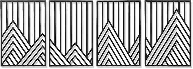 AMAATE Black Metal Wall Art, 4 Pieces Minimalist Geometric Mountain Line Art Sculpture, Hollowed Out Abstract Modern Metal Hanging Decor for Living Room Bedroom Office 14.6" X 22.5" in