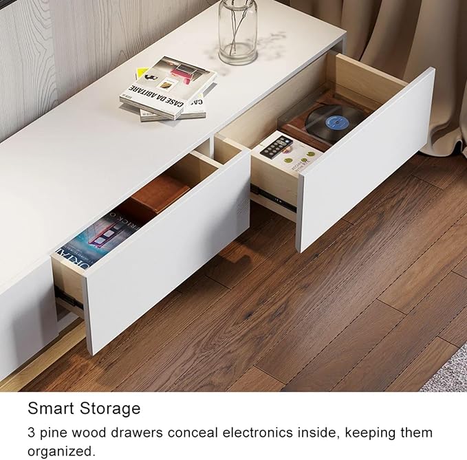 homary Wood Extendable TV Stand Rectangle Entertainment Center with 3-Drawer & Shelf Media TV Console for Living Room Bedroom (White & Natural)
