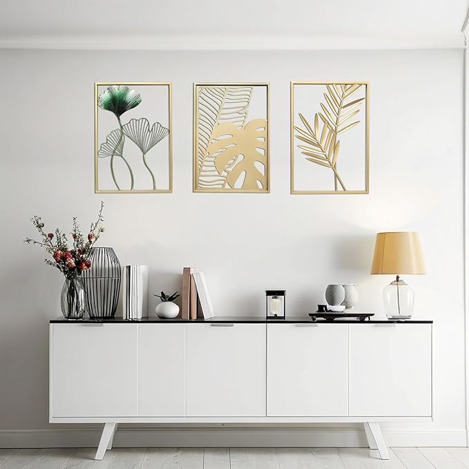 SwallowLiving Gold Wall Decor, 3 Pieces Metal Wall Art for Living Rooom, Luxurious Modern Sculptures Home Decor, Hanging Pictures for Bedroom, Office, NOT PRINTED Canvas Art (12" x 17", Set of 3)