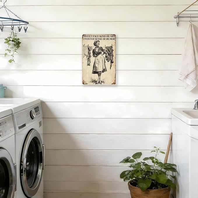 Retro Women Wall Decor Sweet Face Kind Heart Twisted Sense Of Humor Metal Tin Sign Farmhouse Rustic Art Plaque Rustic Laundry Decor 12x8 Inch