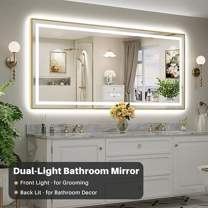 84x40 Inch LED Bathroom Mirror with Gold Frame, Backlit & Front Lit, Anti-Fog Lighted Bathroom Vanity Mirror for Wall, Memory Function, Dimmable, HD Tempered Glass, Shatter-Proof