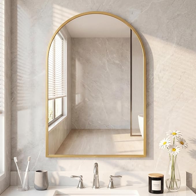 DUMOS 26"x38" Arched Wall Mirror, Bathroom Mirrors for Over Sink, Vanity Mirror with Tempered Glass & Anti-Rust Metal Frame, Entryway, Living Room, Bedroom, Glod