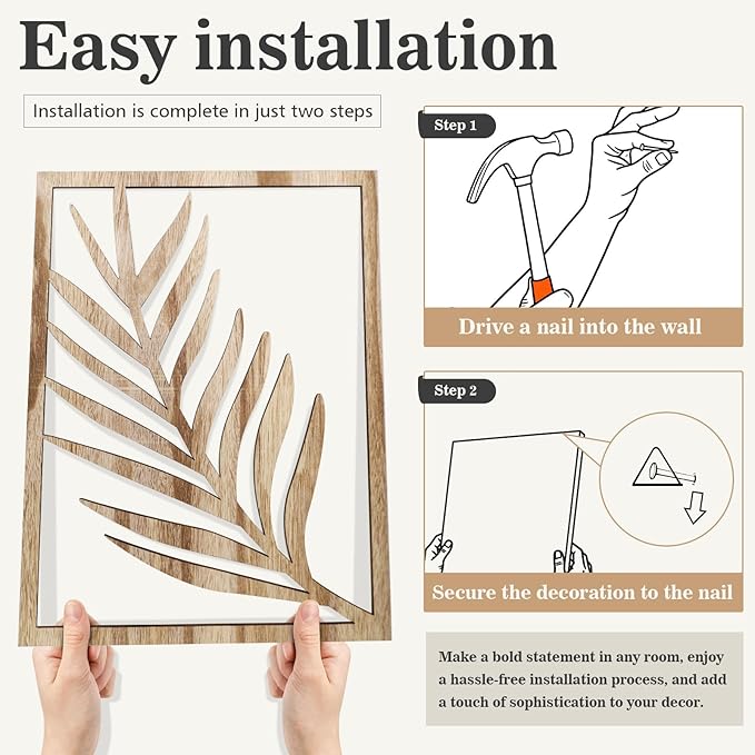 3PCS Wall Art Decor Leaf Sign Walls Vintage Tropical Plant Wall Rustic Palm Leaf, Wood Decorative Board, Rustic Wall Panel for Living Room/Bedroom, Solid Wood Backdrop for Shelves & Home Decoration(Khaki，Style2)