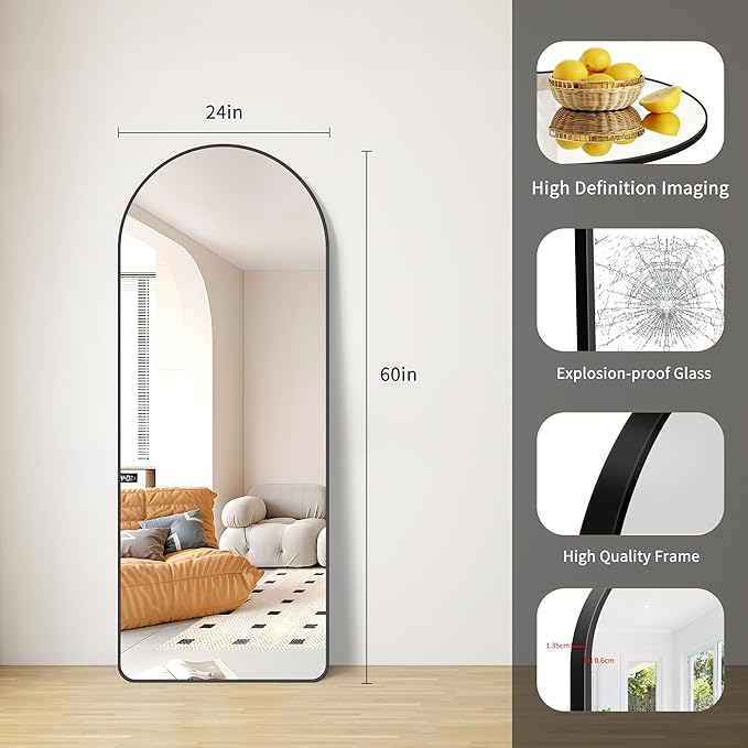 FORBATH Large Arched Wall Mirror 60x24 Inch, Black Arch Full Length Mirror with Aluminum Frame for Bedroom, Fireplace,Entryway,Living Room,Home Decor,Hanging or Leaning Against Wall