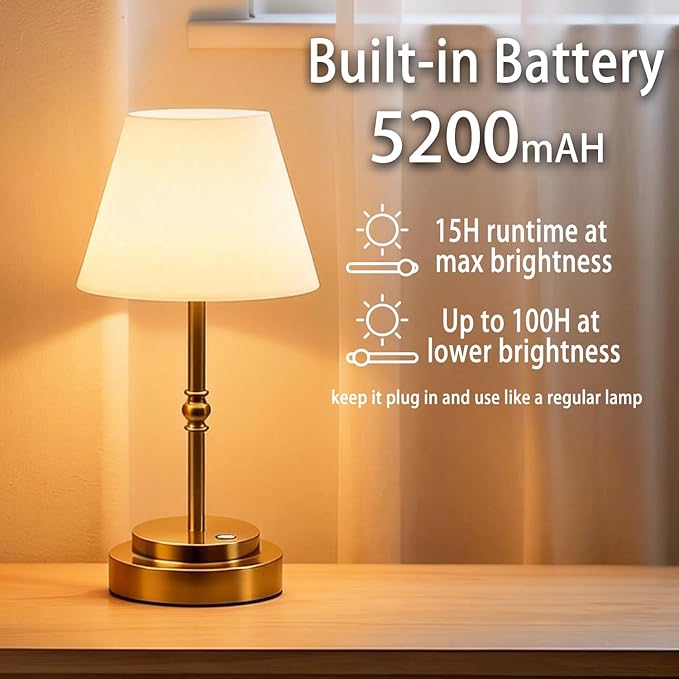 Cordless Table Lamp Rechargeable, 5200mAh Battery Operated Table Lamp with Touch Control, Stepless Dimmable, 3 Color Temperatures, Soft Ambient Lighting USB-C Lamp for Bedroom, Bedside, Dining Table