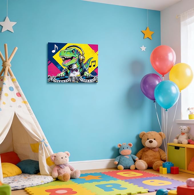 12x16 Pop DJ Dinosaur Canvas Wall Art Prints, Graffiti T-Rex Music Decor with Headphone & Turntable, Colorful Wall Painting for Teen Boy/Kids Bedroom, Child Home Painting Vibrant Hanging Game Poster