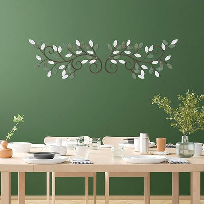 ESTART 2 Pieces Metal Tree Leaf Wall Decor Vine Olive Branch Leaf Wall Art Ornament Wall Hanging Sign for above Door, Living Room, Bathroom, Office, Indoor and Outdoor Decoration (White Green Colors)