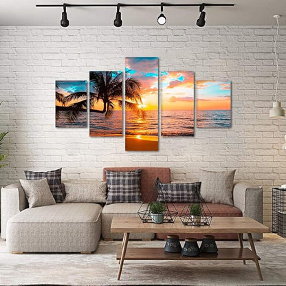 Yatsen Bridge Beaches Wall Art 5 Piece Set Sunset Poster Ocean Art Modern Seascape Pictures HD Print on Canvas Home Office Decor Framed Ready to Hang - 60''W x 40''H