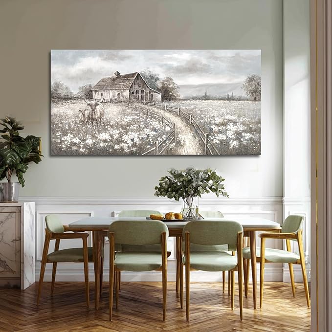Highland Cow Canvas Wall Art, Neutral Landscape – Rustic Country Cottage with Beige Meadow Flowers, Large Framed Canvas, Ready to Hang, 24x48 Inches