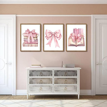 JBZDD Bow decor Art Set of 3,Book Lovers Gifts Preppy Decor Trendy Pink book Posters Pictures Prints Aesthetic for Girls Room College Apartment Living Room Bedroom Framed 12x16 In Framed