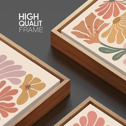 TBKHUDBI Framed Boho Flower Wall Art Abstract Floral Canvas Pictures Prints Set of 3 Minimalist Botanical Painting Poster Flower Market Aesthetic Wall Decor for Living room Bedroom 12"x16"