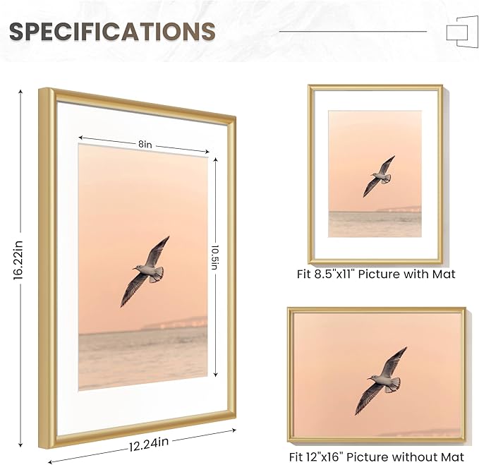 Fun Memories 12x16 Picture Frame Gold, Aluminum Picture Frames 12"x16", 12x16 Picture Frame with Mat for 8.5x11, 12 by 16 Frame Real Glass, 12 x 16 Metal Frame for Home Decor
